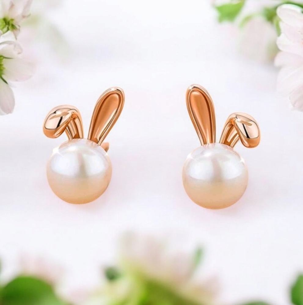 New Easter Bunny Pearl and Gold Stud Earrings
